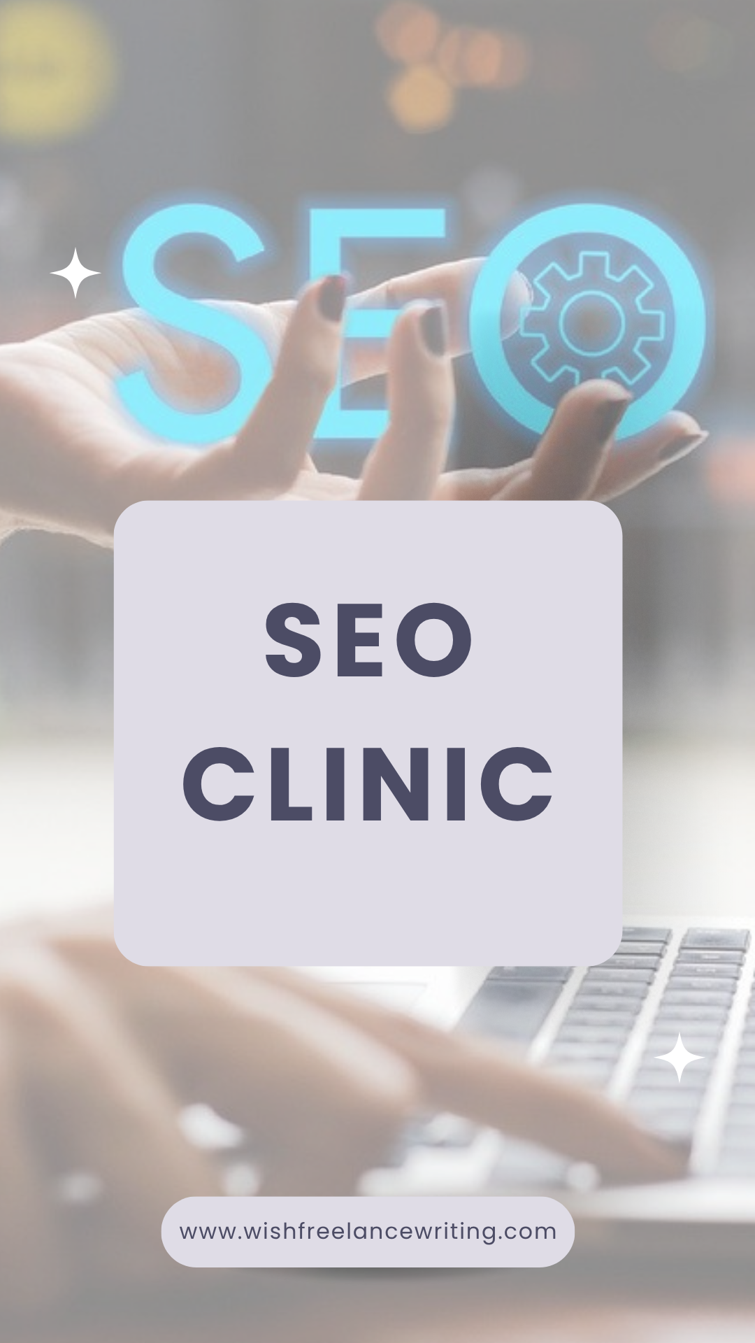SEO Clinic words over the image of a hand holding the letters SEO, with the other hand typing on a laptop.