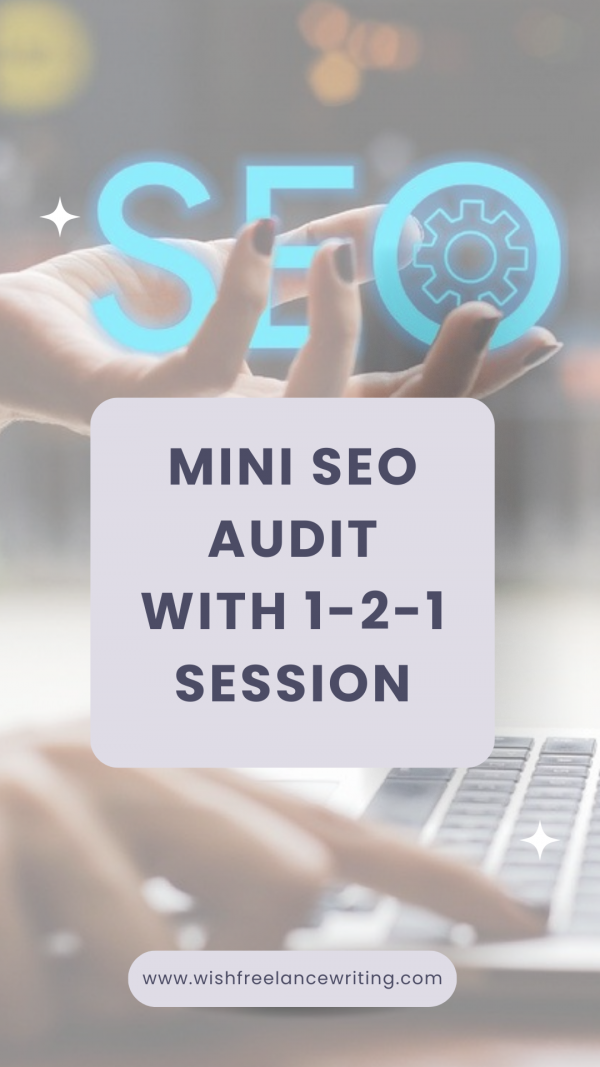 Cover image for mini SEO Audit with the letters SEO in blue being held by a woman's hand with the other hand typing on a keyboard