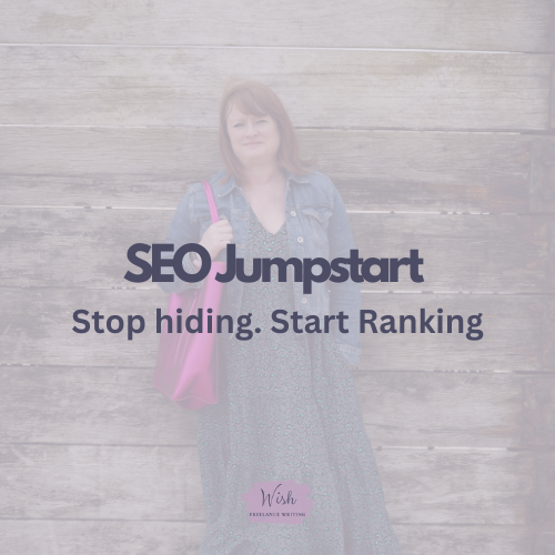 Logo for SEO Jumpstart with image of Suzy Stanton in the background and the words SEO Jumpstart Stop Hiding, Start Ranking in the foreground