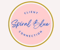 Logo for Spiral Blue VA featuring a pink circle with the words "Spiral Blue Client Connection" inside 