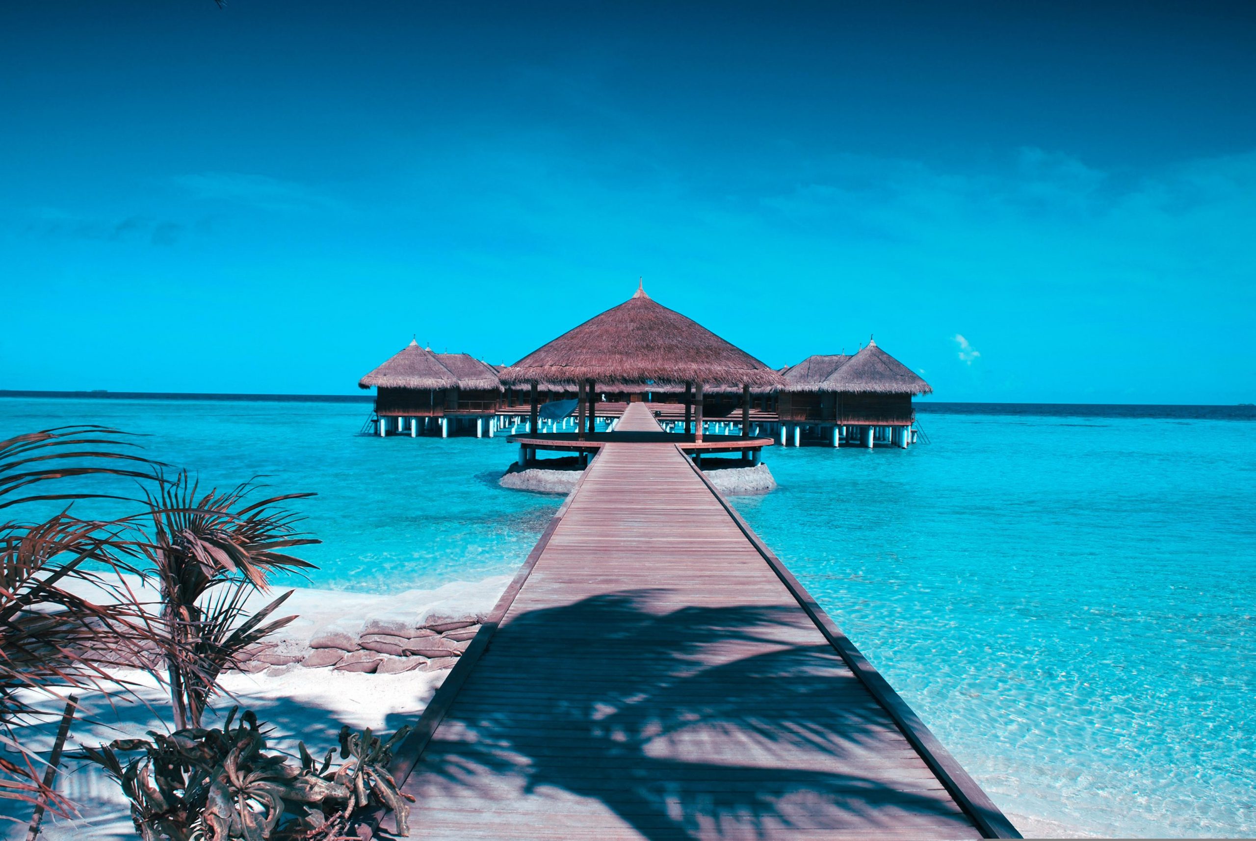 Clear blue sea and beach hut Pier leading to a wooden building above a clear blue sea against a backdrop of a blue sky
